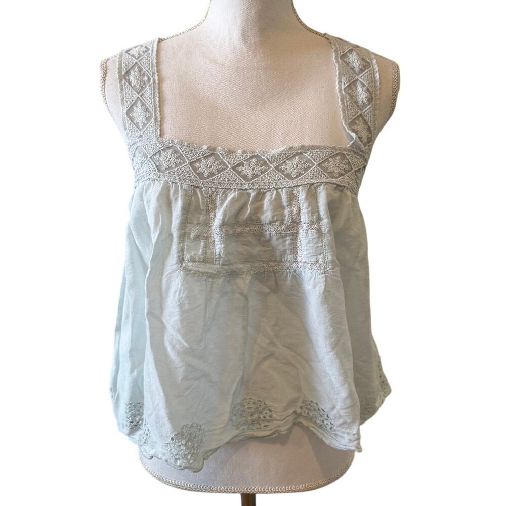 Free People Babydoll Eyelet & Lace Trim Camisole Top Pale Blue S